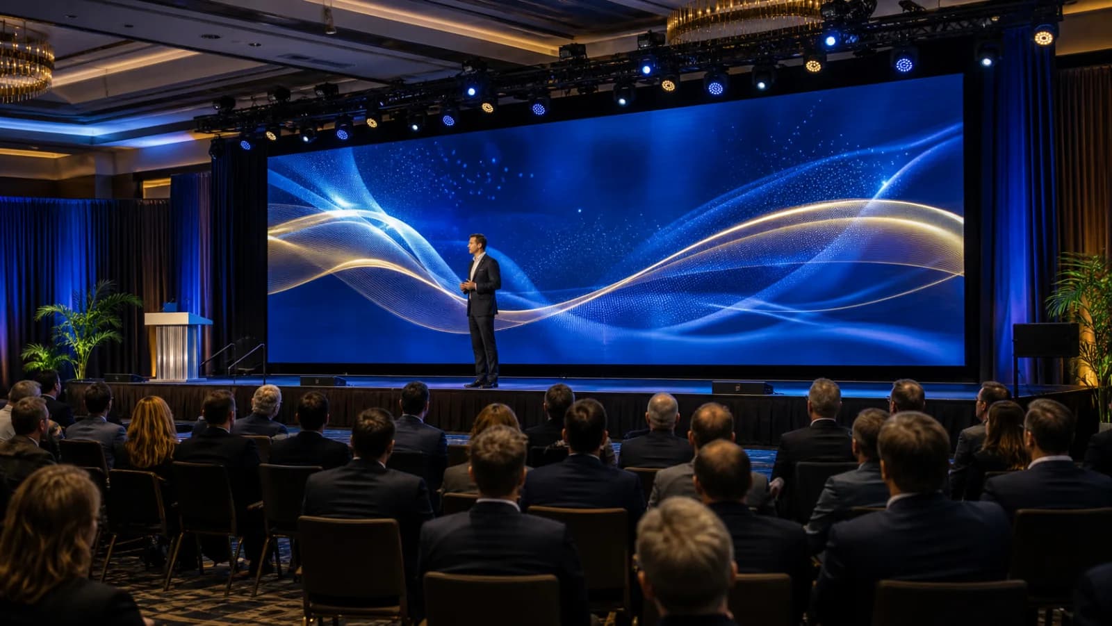 Corporate ballroom with a modular LED wall behind a keynote stage