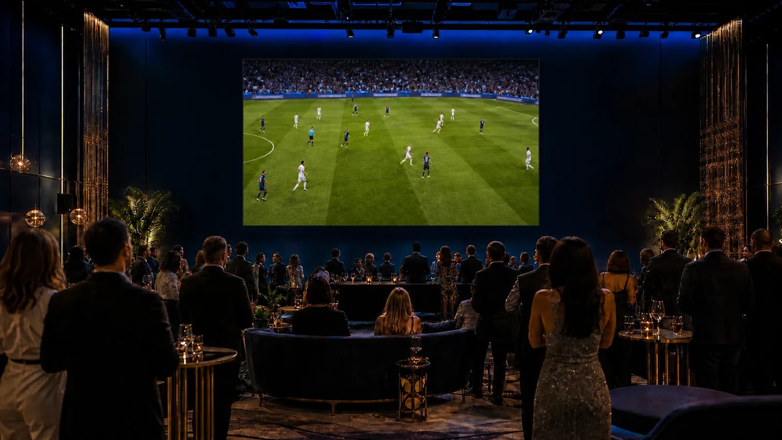 Indoor watch party with guests viewing a soccer match on a large LED wall