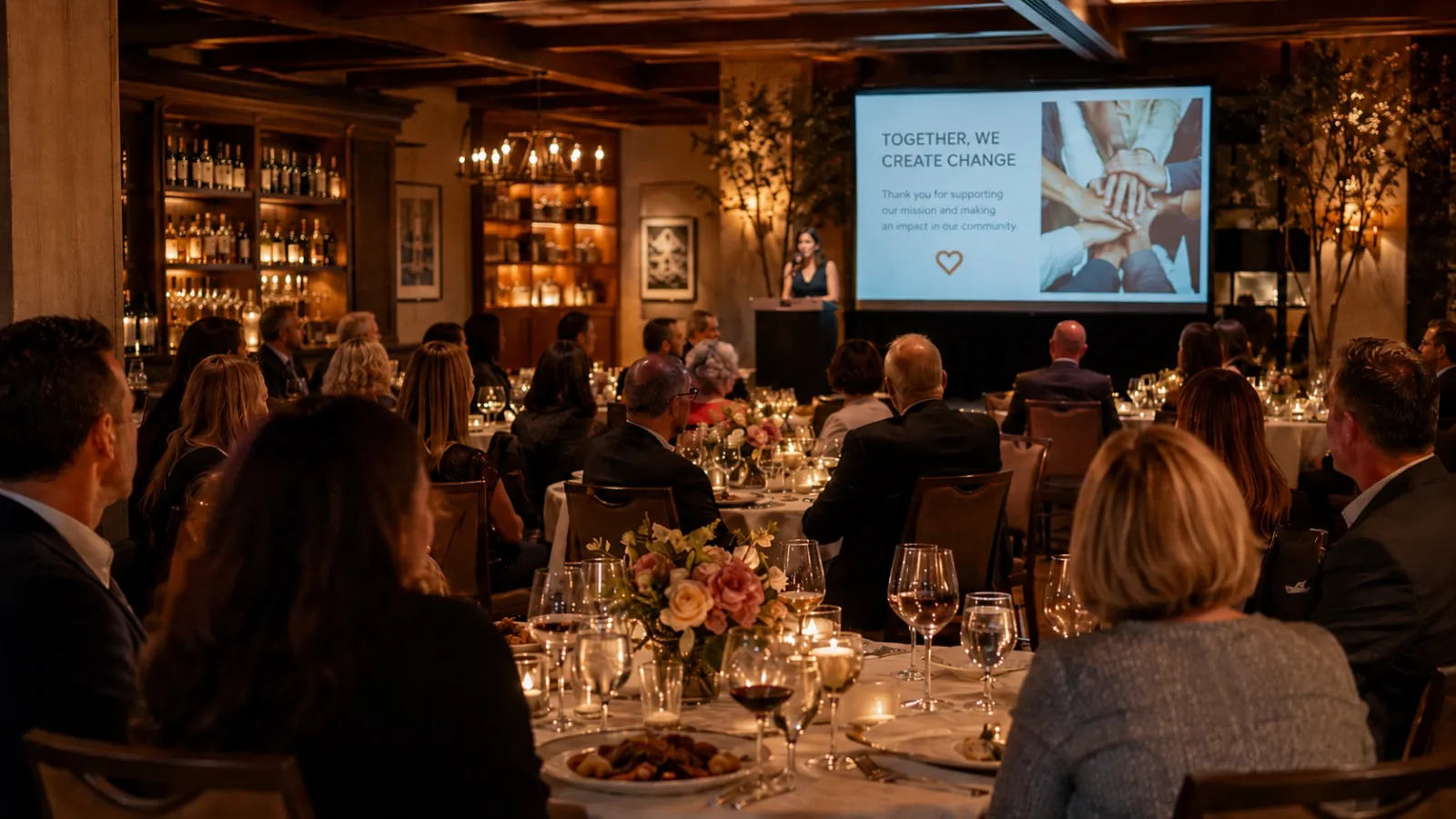 Guests attending an intimate nonprofit fundraising dinner with a projected presentation
